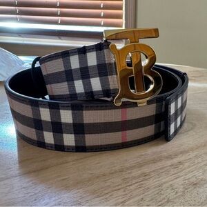 Burberry Black and Tan Plaid Belt with Gold Buckle